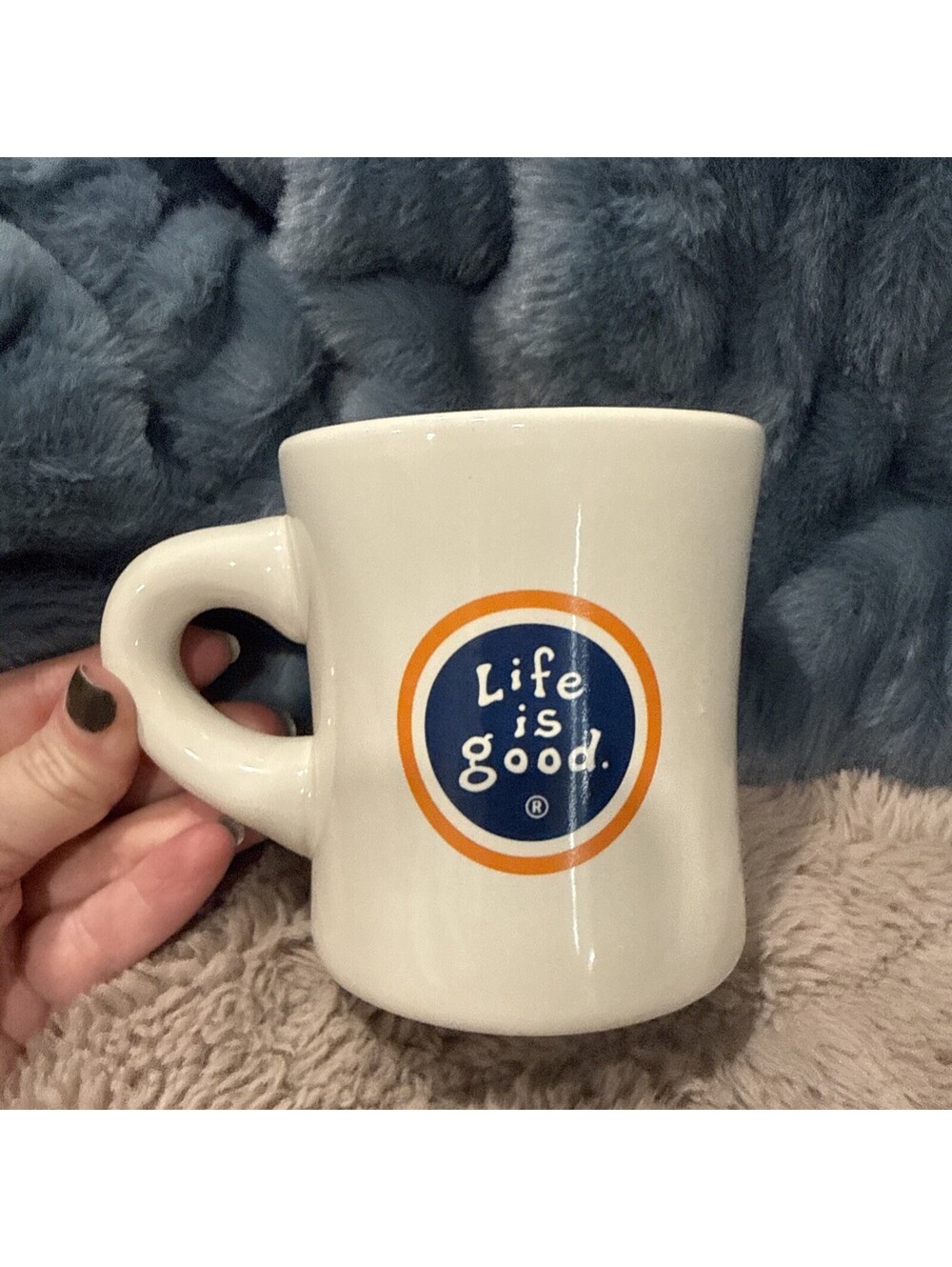 Life Is Good Ceramic Coffee Mug Blue Orange Logo Cream Diner Restaurant style